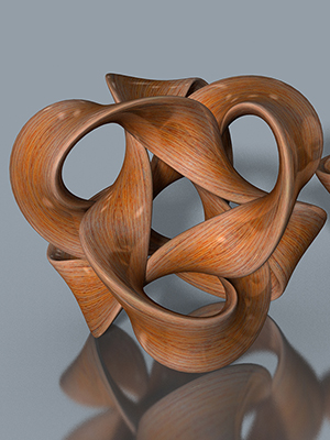 A shape with tetrahedral symmetry woven from three bands, appearing to be made from shiny wood.