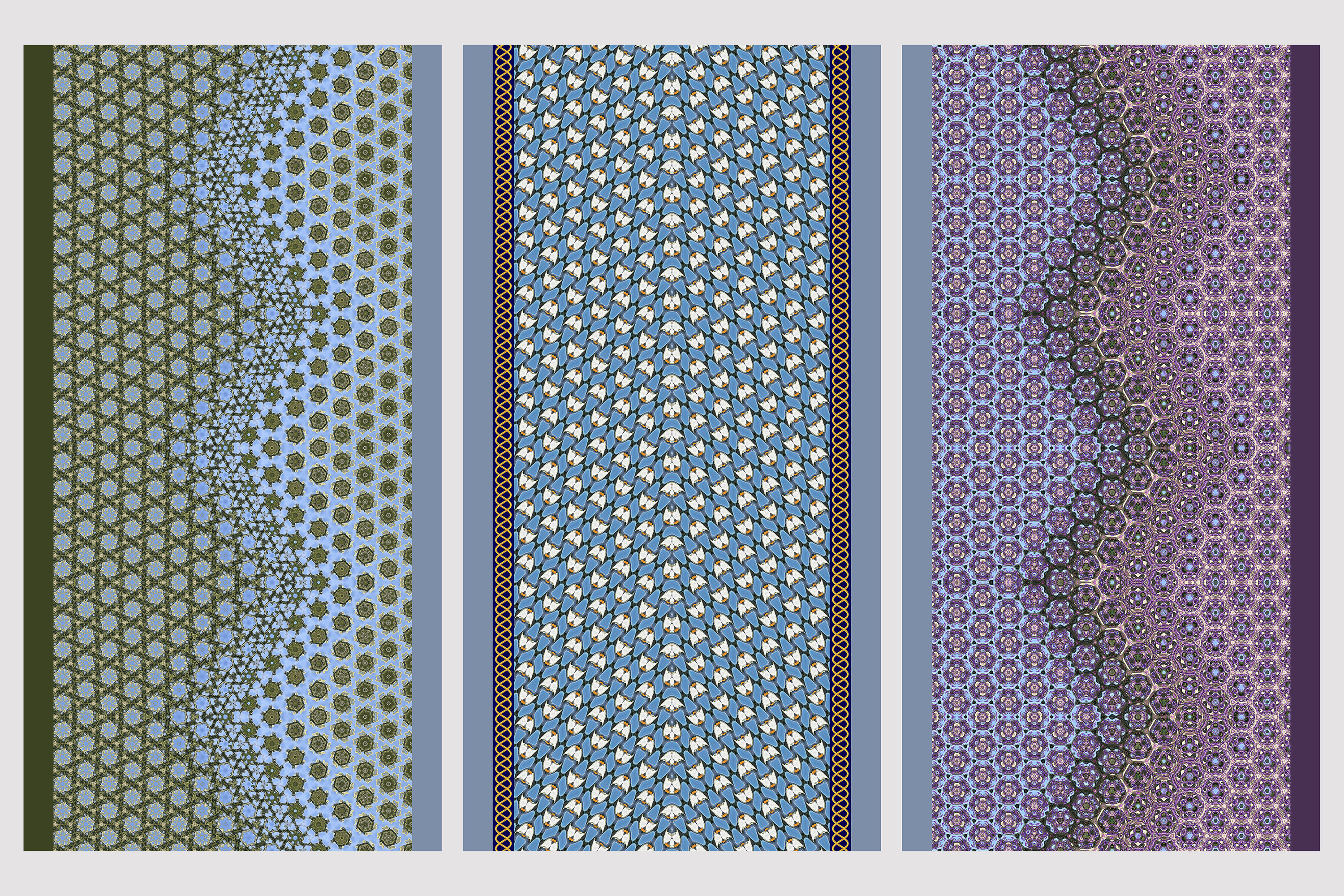 Three patterned banners with the impression of a flowing path