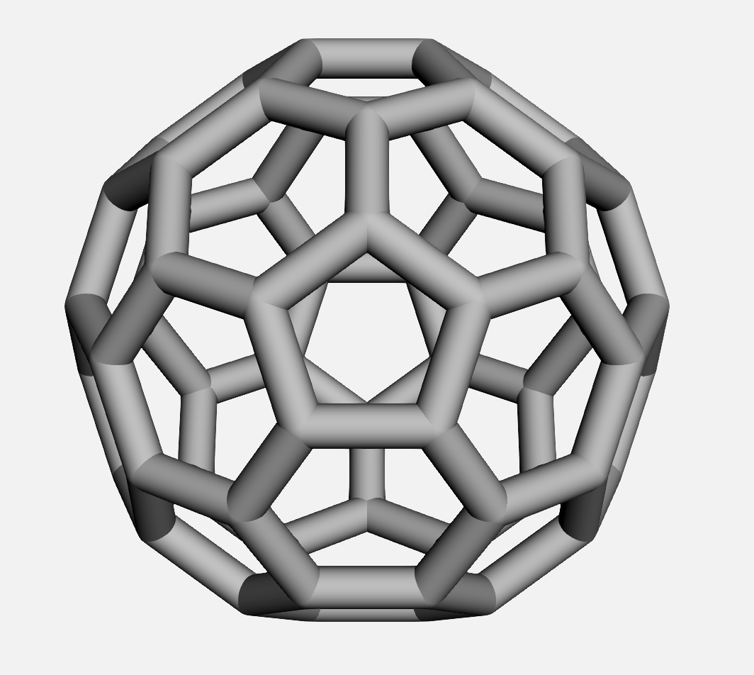 3D plot of a ball-shape fullerene with 60 carbon atoms.