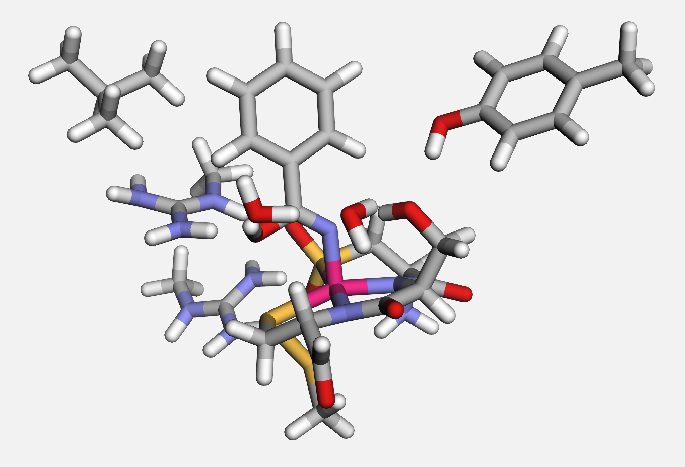 3D plot of a metalloenzyme showing amino acids and a metal center.