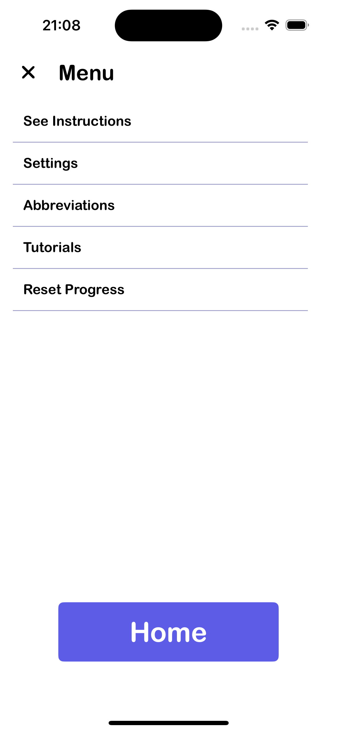 Menu screen of the app