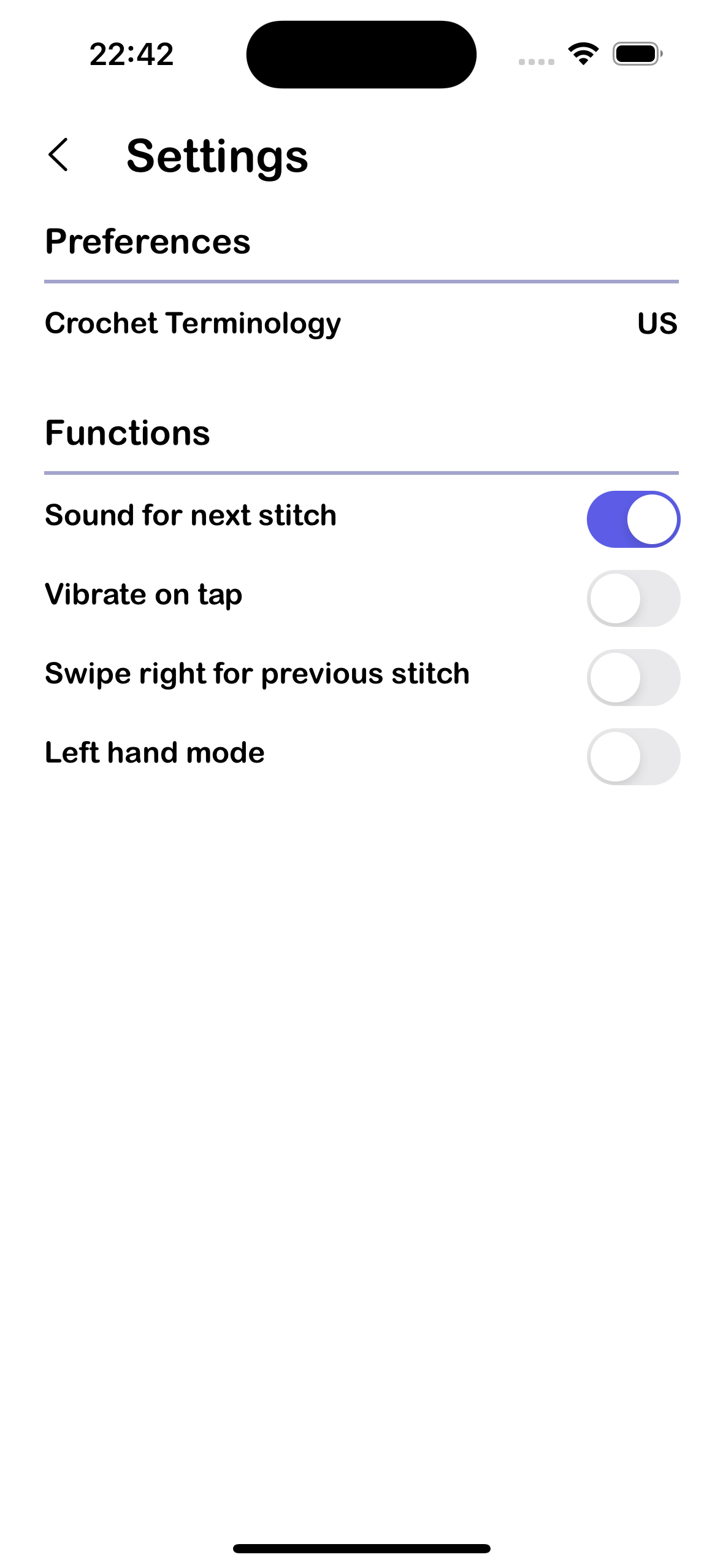 Settings screen of the app