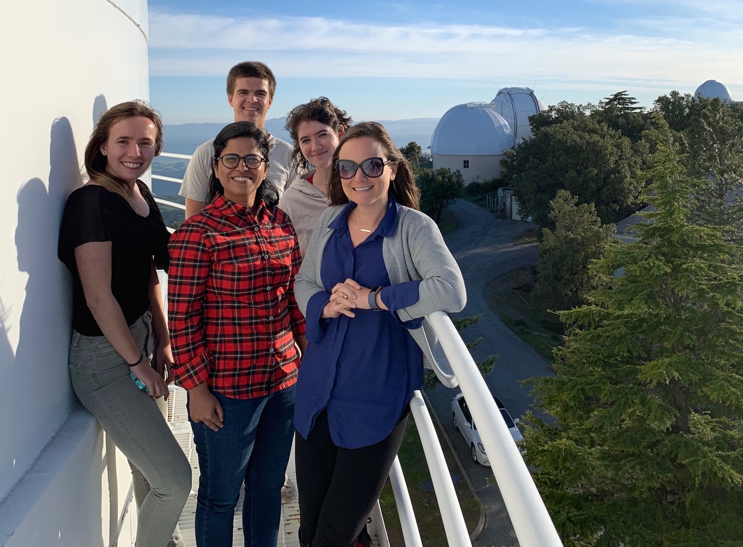 (left to right) Remy Dennis, Archana Soam, Janik Karoly, Mandy Caputo, Kristin Kulas.  April 26, 2019 we toured the Shane telescope and then particpated in observing on the Kast instrument during the first part of the night.