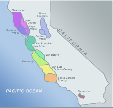 Map of California showing locations of different wine-producing regions in the state